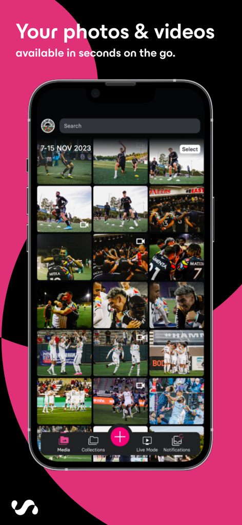 ScorePlay - ScorePlay App-Oberfläche, die eine Galerie mit professionellen Sportfotos und Videos für Athleten zeigt