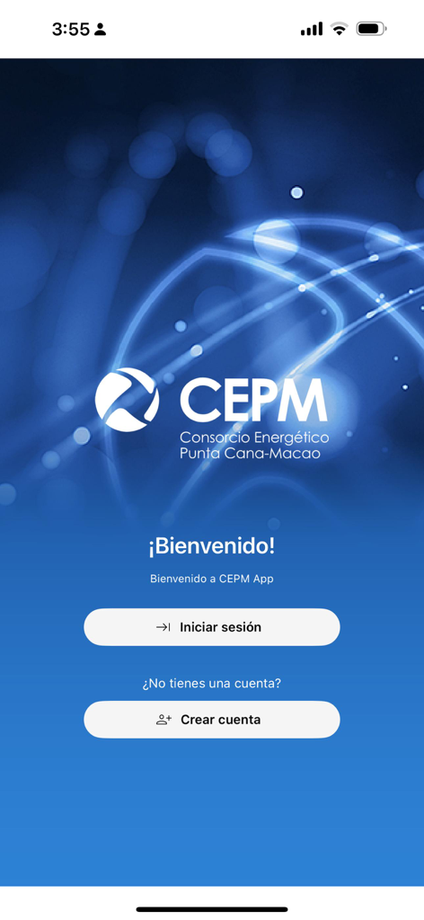 Pantalla de bienvenida de la app CEPM con opciones para iniciar sesión o crear una cuenta