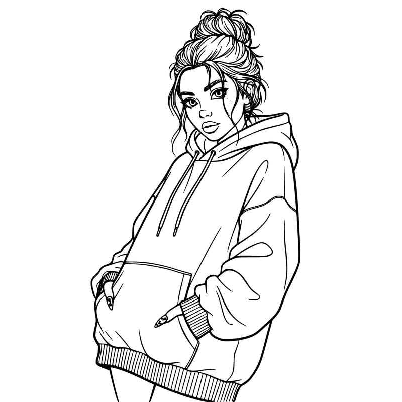cute girl with a over size hoodie and messy bun with long nails