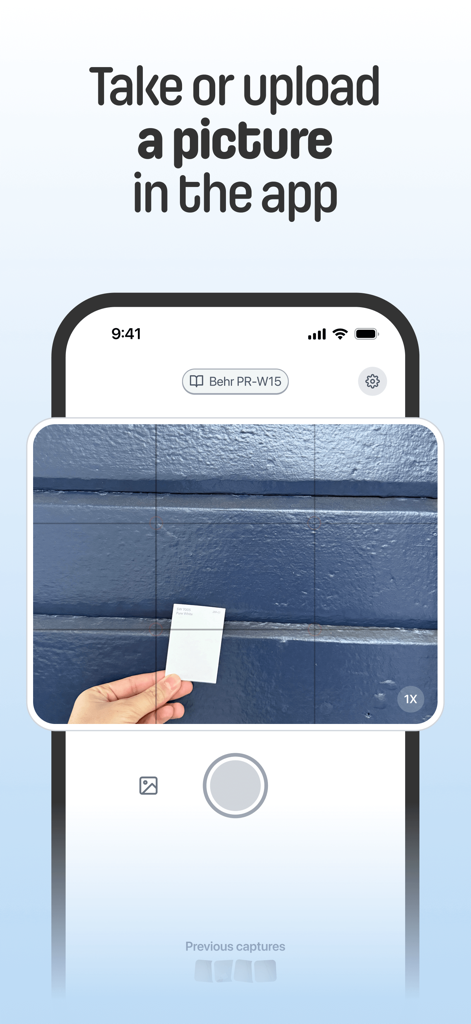 MatchPaintColor app interface showing a hand holding a white calibration chip against a blue wall for color matching