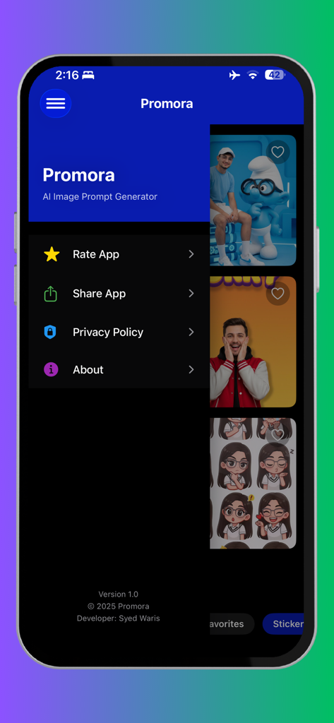 Promora - AI Prompt Generator - The side menu of the Promora app showing options for rating the app sharing and viewing the privacy policy over a gallery of AI generated images