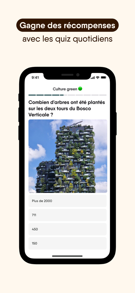A smartphone screen showing an environmental quiz question on the Toasty app about sustainable architecture to win rewards