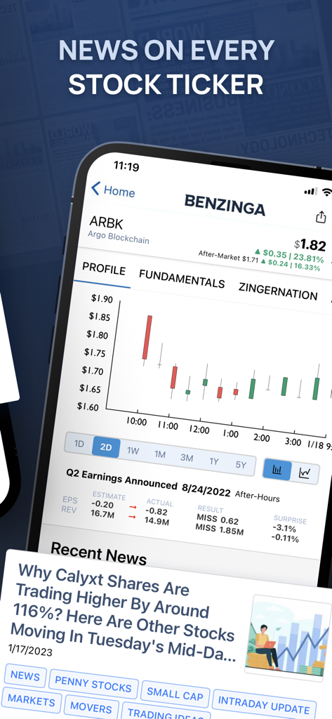 Benzinga mobile app displaying ARBK stock chart, earnings results, and market news headlines.