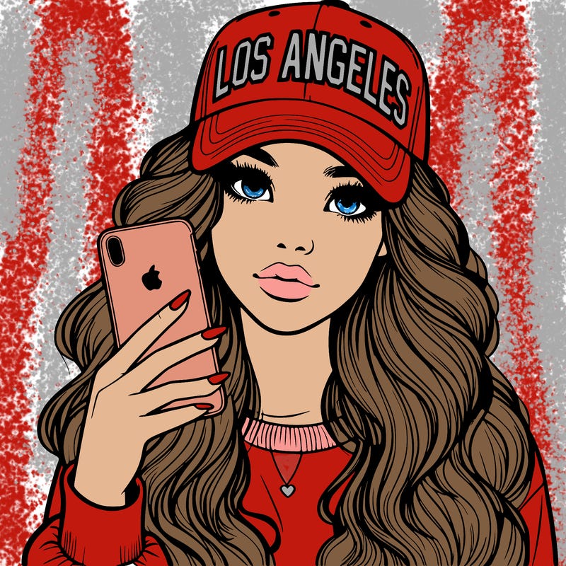 realistic beautiful girl wearing los ángeles cap holding an iphone