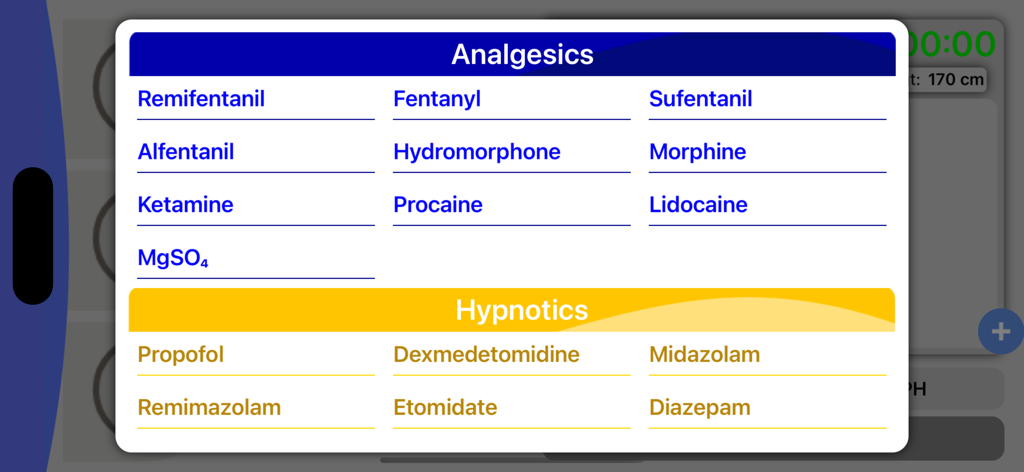 iTIVA Anesthesia Plus - Oberfläche der iTIVA-App mit einer Liste von Anästhesiemedikamenten, kategorisiert nach Schmerzmitteln und Hypnotika