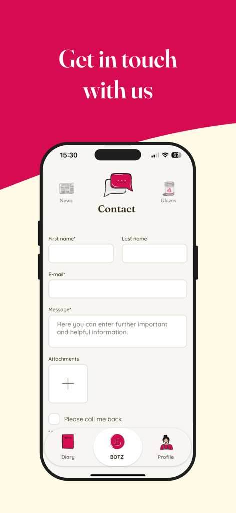 BOTZ Diary - Formulario de contacto de soporte en la aplicación de cerámica BOTZ Diary.