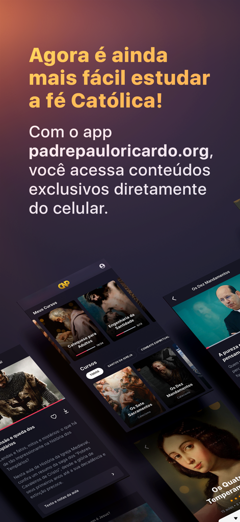 Padre Paulo Ricardo - Interfaz de la aplicación móvil del Padre Paulo Ricardo mostrando varios cursos de teología católica y formación espiritual.