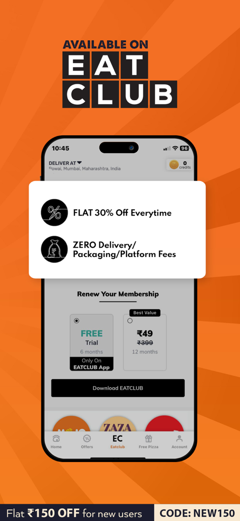 MOJO Pizza: Food Delivery App - Écran de l'application MOJO Pizza montrant les avantages de l'adhésion à EatClub avec 30 % de réduction et aucuns frais de livraison