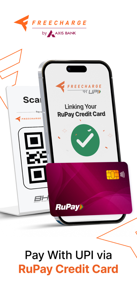 Freecharge mobile app screen showing the option to pay with UPI via a RuPay credit card.