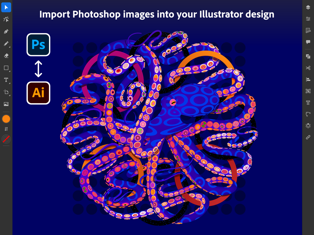 Adobe Illustrator iPad interface showing Photoshop image import with a colorful octopus graphic
