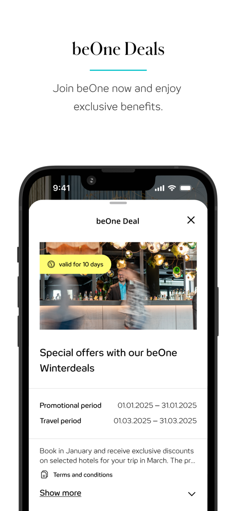 Smartphone-Bildschirm, der die Motel One beOne Deals-Oberfläche mit Winterreiseangeboten und Mitgliedschaftsvorteilen anzeigt.