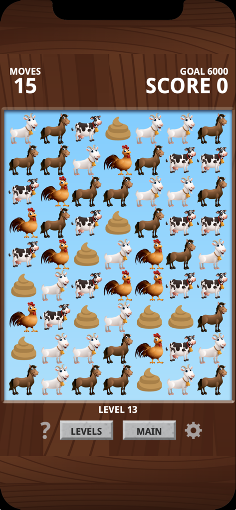 Farm Animal Match Up Game - Gameplay screen of a match three puzzle featuring farm animals and cow pies