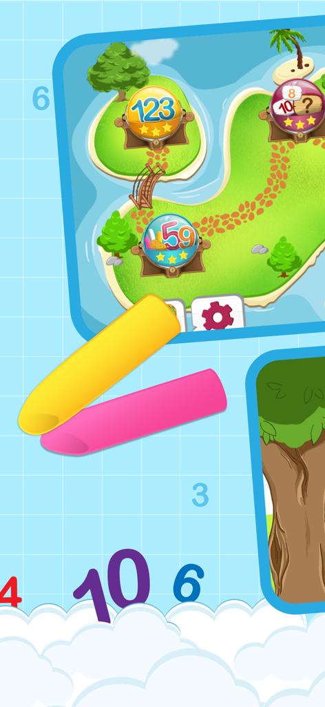 An interactive game map for children featuring colorful islands with numbers and a winding path.