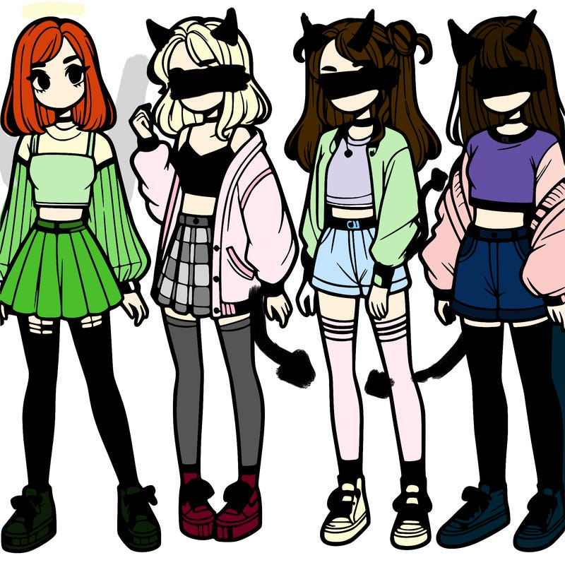 one girl with crop-top shirt and a jacket with a skirt, long socks and another girl with a shirt and pants with a jacket