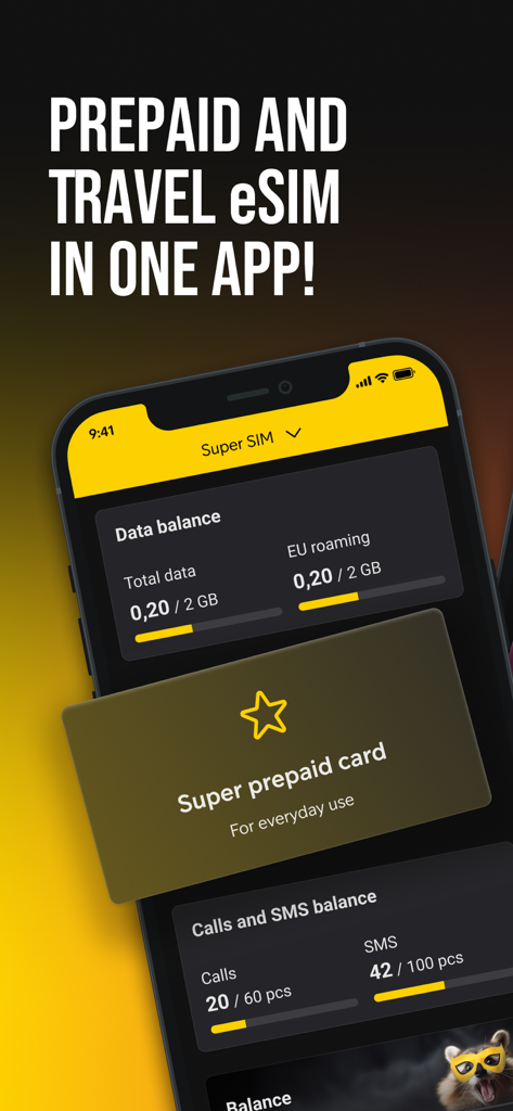 Screenshot der Super-App mit Anzeige des Reise-eSIM-Datenguthabens und der Prepaid-SIM-Kartenverwaltung