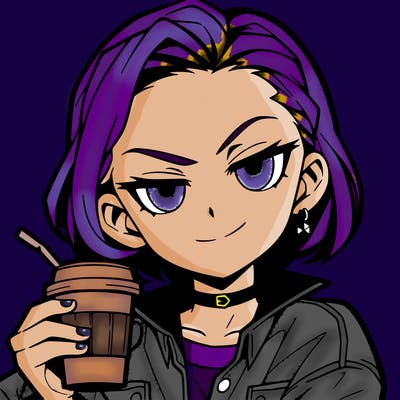 an anime baddie girl with one eyebrow arched,she is smirking and is holding a cup of coffee, she is also wearing a jean jacket a small black choker