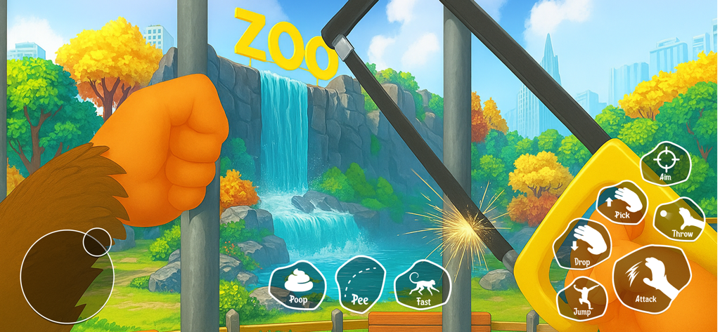 Monkey Zoo Chaos - Survival - Vista em primeira pessoa de um macaco a cortar as grades da jaula do zoo com uma serra