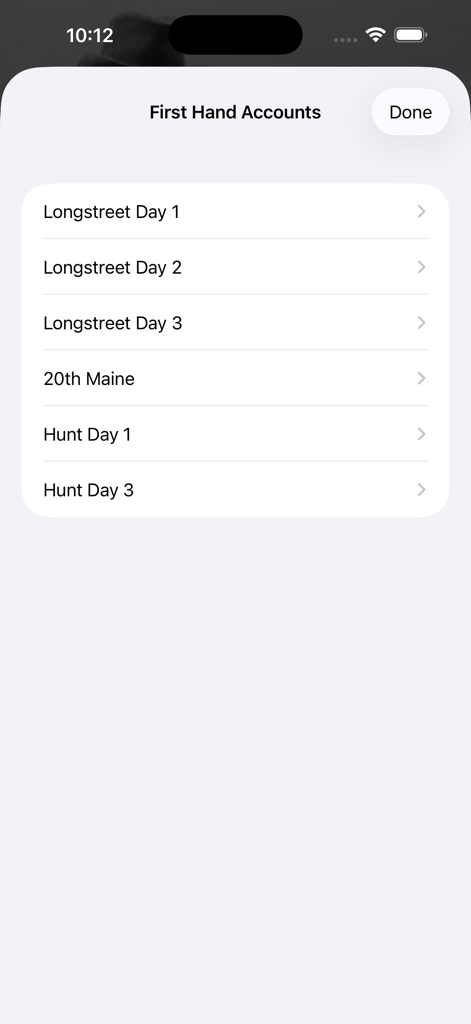 Battle of Gettysburg - Una lista de relatos de primera mano en la aplicación móvil Batalla de Gettysburg que incluye narrativas de Longstreet y el 20º de Maine