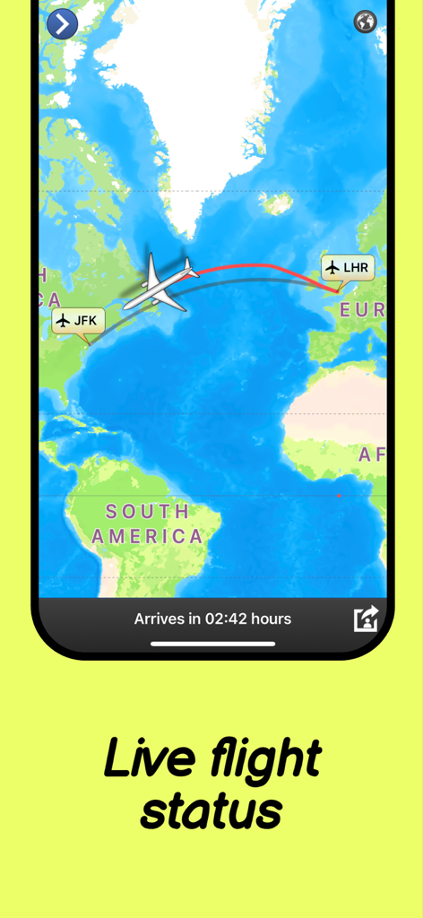 Live flight tracker app showing a plane path from JFK to LHR on a map