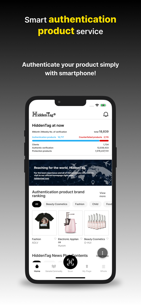 HiddenTag(히든태그) - Smartphone affichant l'interface de l'application HiddenTag pour authentifier les produits avec des classements de marques et des statistiques de vérification.