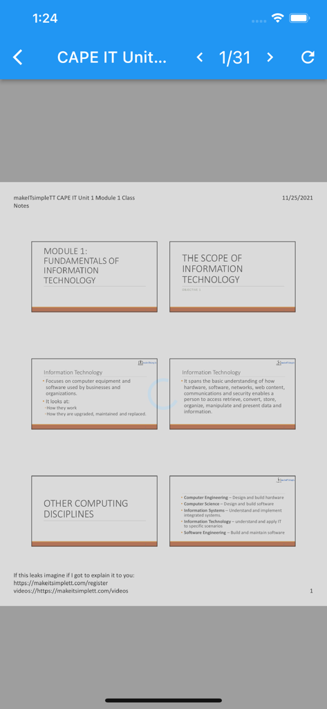LearnIT by makeITsimpleTT - LearnIT app showing CAPE Information Technology Unit 1 study notes and module definitions