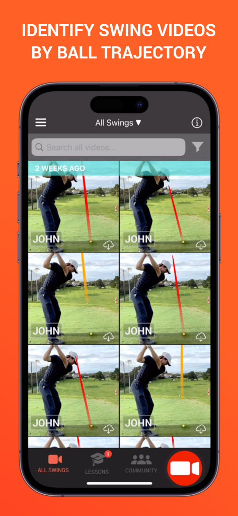 Golf swing video library showing tracked ball trajectories in the Swing Profile app