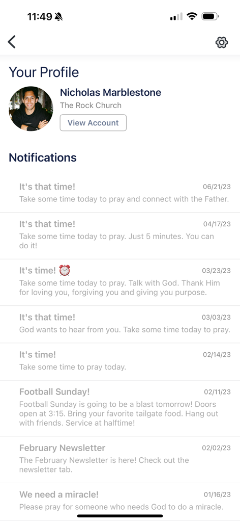 Church App - Tithe.ly - User profile page and notification feed in the Tithely church app featuring prayer reminders and church event updates.
