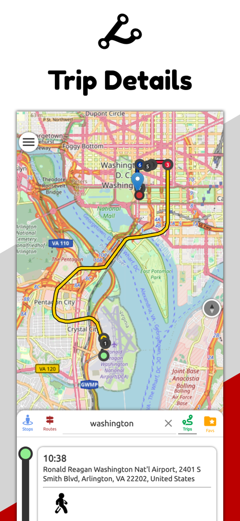 Tela de detalhes da viagem do aplicativo WMATA mostrando uma rota de transporte em um mapa de Washington DC