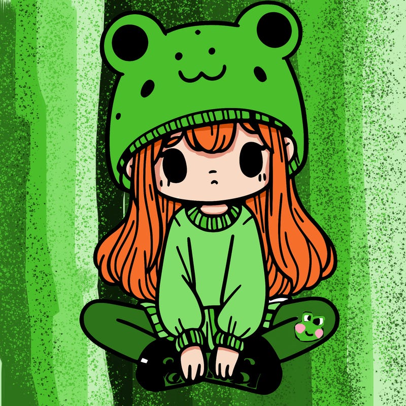 a girl wearing a frog hat and some frog socks