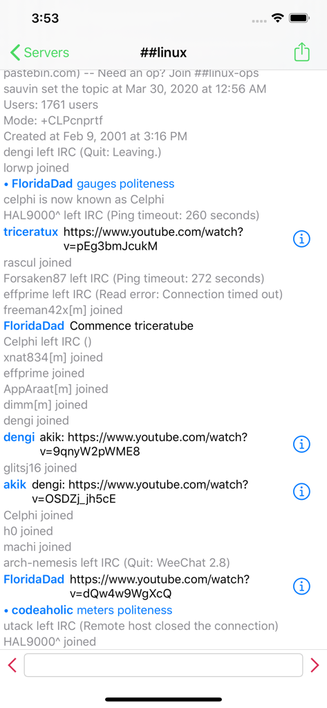 Una captura de pantalla de la aplicación cliente IRC LimeChat que muestra una conversación en un canal técnico de Linux en un iPhone.