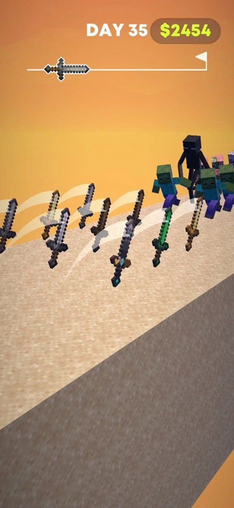 Craft Slasher - Multiple pixelated swords attacking a horde of blocky monsters