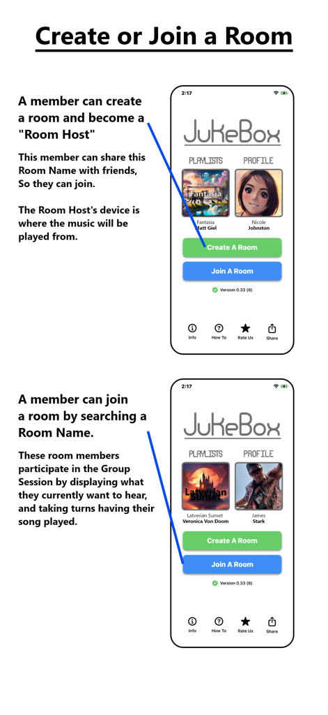 JukeBox Song Sync - JukeBox app interface showing options to create or join a synchronized music room