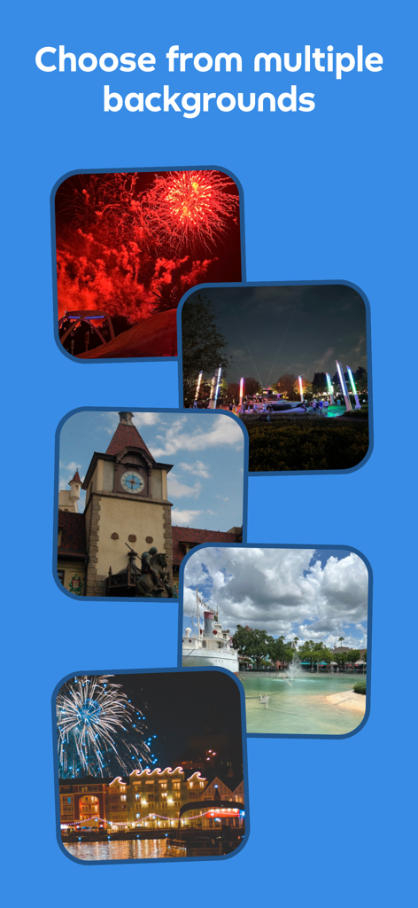 A collection of Disney park themed backgrounds for the countdown app featuring fireworks and scenery
