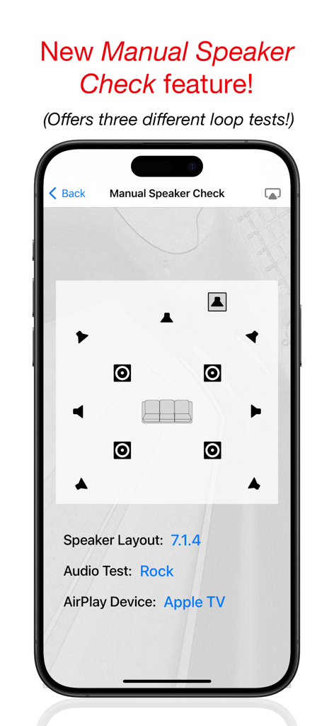 7.1.4 サラウンドサウンドスピーカーレイアウトを表示する手動スピーカーチェック画面