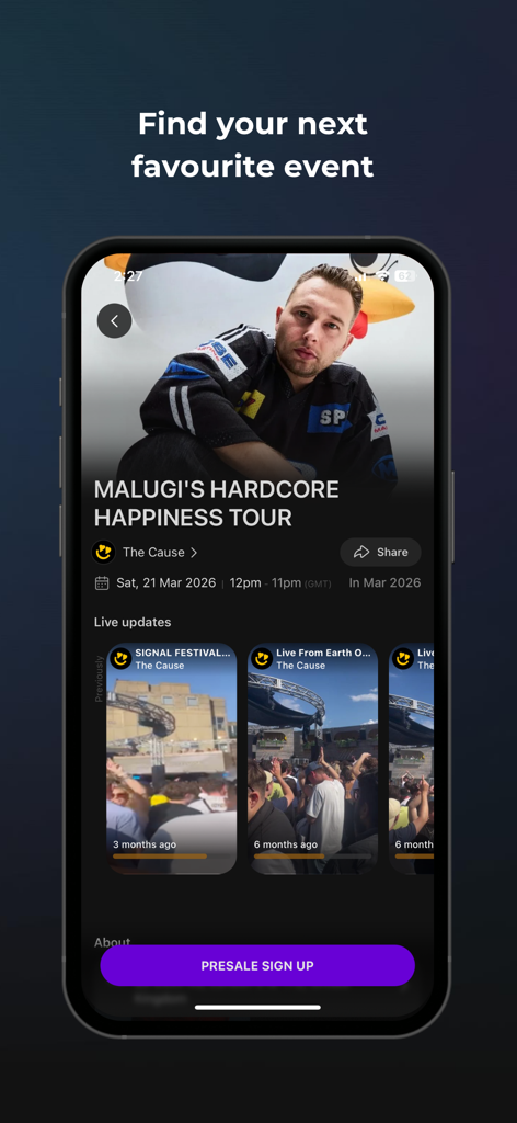 LINES Your Go-To For Going Out - LINES mobile app interface showing an event details page for a music tour with live video updates and a presale signup button