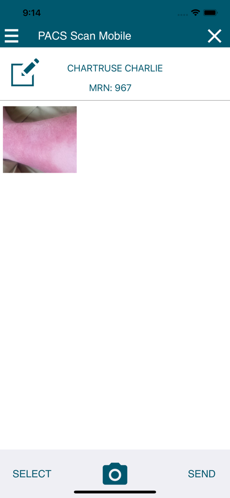 PACS Scan Mobile app interface displaying a captured patient medical image for secure clinical documentation