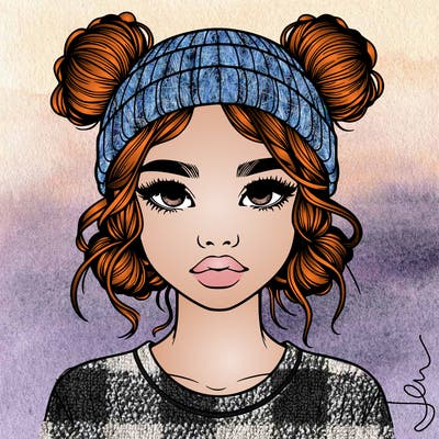 realistic girl with buns in her hair with a beanie on