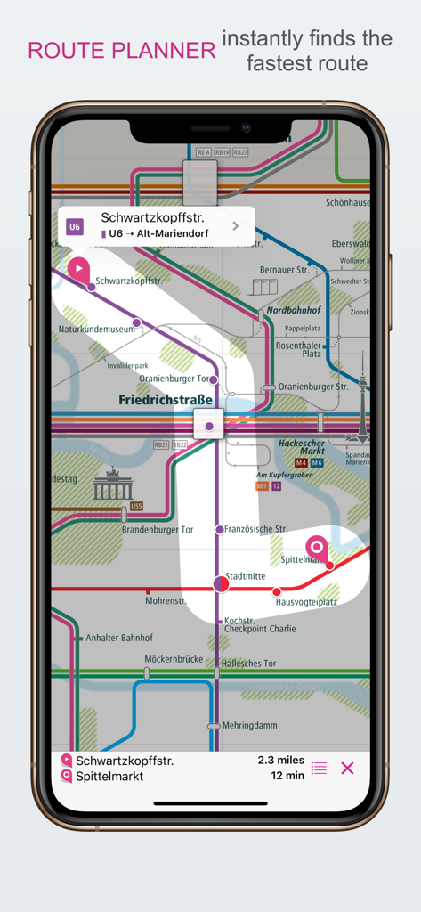 City Rail Map - Travel Offline - iPhone screen showing the City Rail Map app route planner feature calculating a 12 minute trip in Berlin