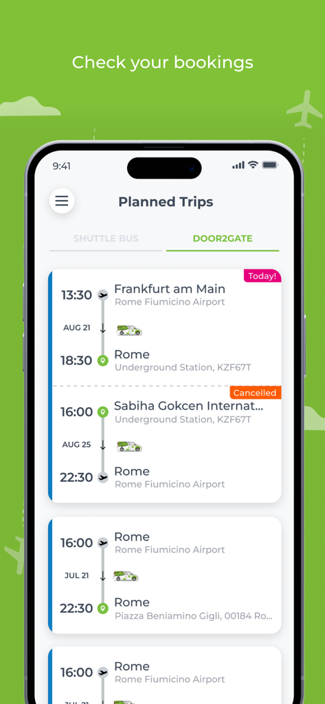 Planned trips interface in the flibco app showing Door2Gate airport shuttle bookings