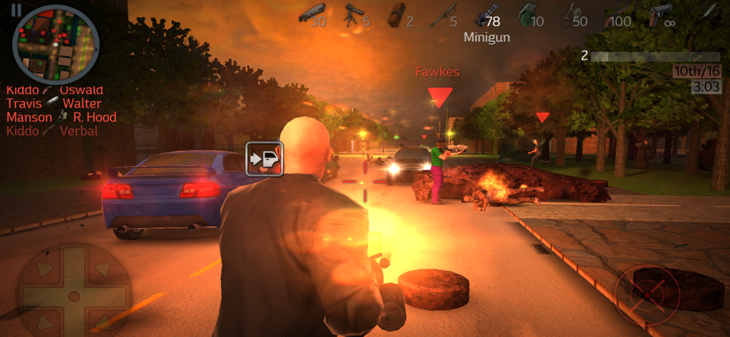 An action-packed third-person shootout in a city at sunset with fire and cars in Payback 2