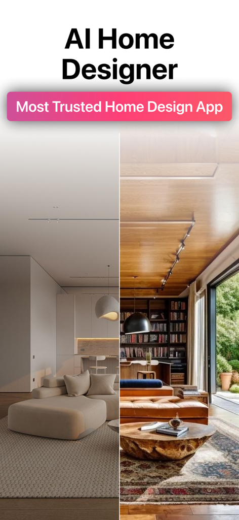 Split screen showing two different interior design styles for a living room created with AI Remodel