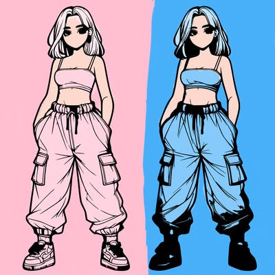 realistic girl with baggy pants and a crop top