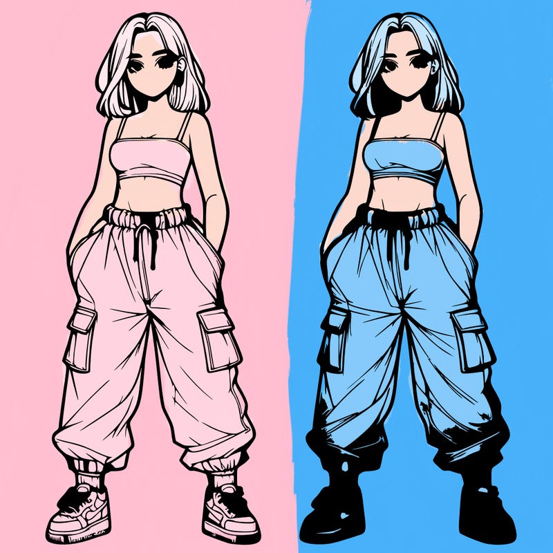 realistic girl with baggy pants and a crop top