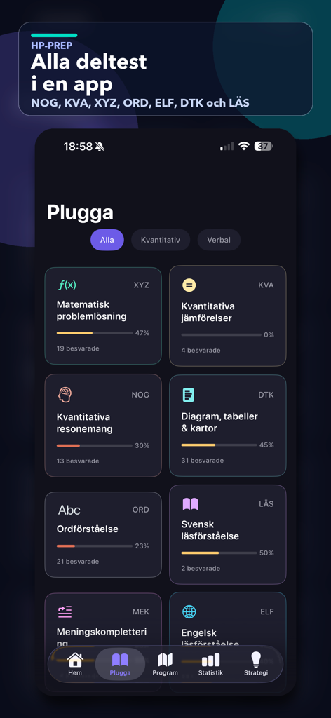 Högskoleprovet - HP prep - The study section of the HP-Prep app showing various test modules for the Swedish Scholastic Aptitude Test.