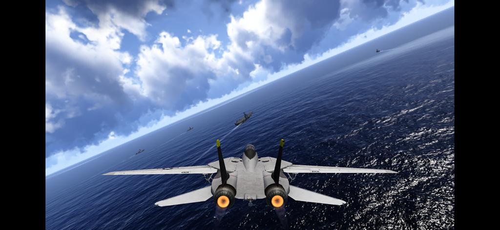 Alliance: Air War - A fighter jet with glowing afterburners flying over an ocean fleet in a combat flight simulator.