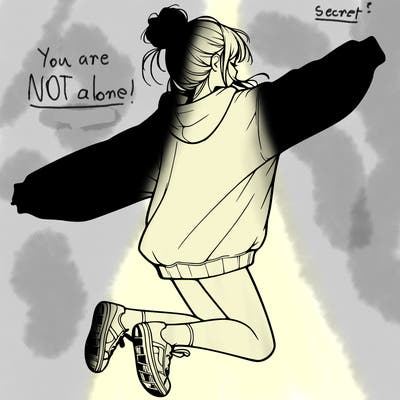 realistic girl jumping with a bun and oversized sweatshirt