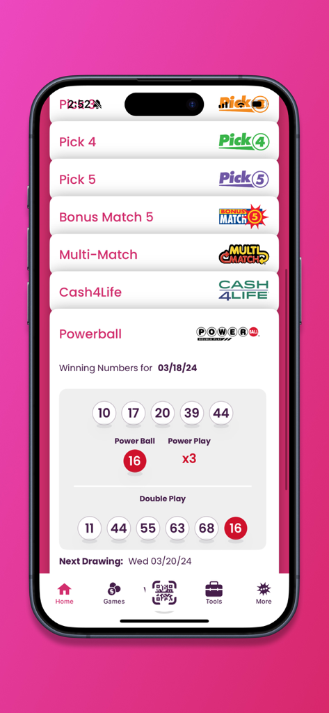 MD Lottery - Maryland Lottery mobile app interface displaying Powerball winning numbers and a list of draw games
