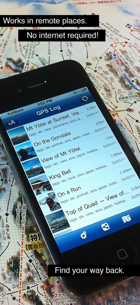 iPhone mostrando o aplicativo GPS Log com vários registros de viagem e tags sobre um mapa de papel, enfatizando sua capacidade offline