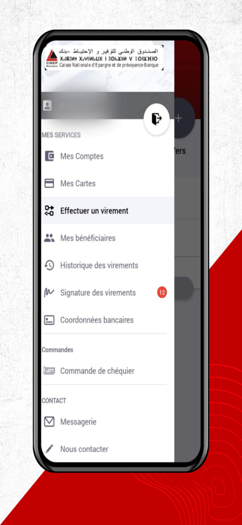 Menu principal de l'application bancaire mobile CNEP Connect affichant les services de compte et les options de transfert.
