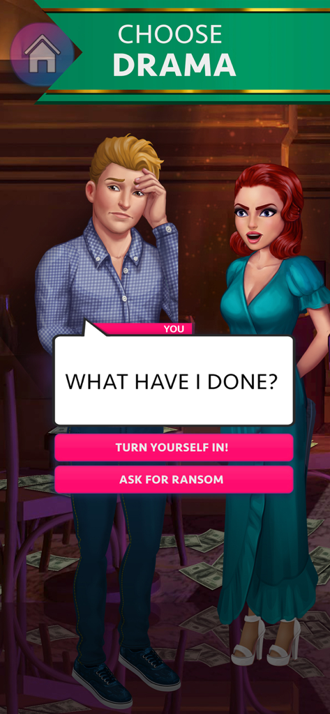 My Story: Choose Your Own Path - Una pantalla de elección dramática en My Story donde los personajes reaccionan ante un crimen con dinero esparcido por el suelo.